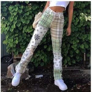 90s Patchwork Checkered Hippie Stitch Frayed Mom Denim Plaid Bandana Pants Small